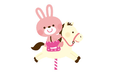 メリーゴーランドの馬にのるかわいいウサギのイラスト