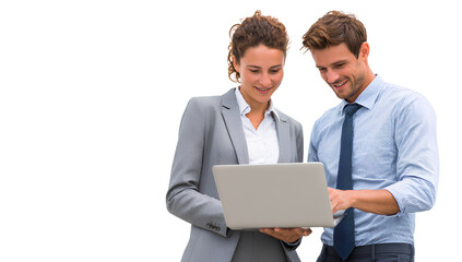 Business people working together with laptop computer isolated transparent background
