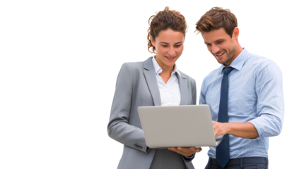 Business people working together with laptop computer isolated transparent background