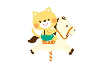 メリーゴーランドの馬にのるかわいい猫のイラスト