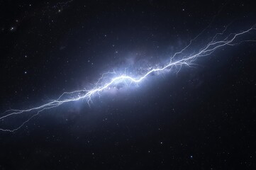 A powerful bolt of electric blue lightning streaks across a deep dark night sky