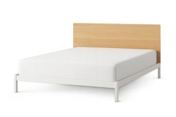 Modern platform bed with wooden headboard on transparent background, isolated