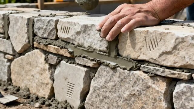 Closeup medium view of a mortared stone garden wall under construction showcasing detailed masonry techniques and the application of cement for a stable longlasting structure.
