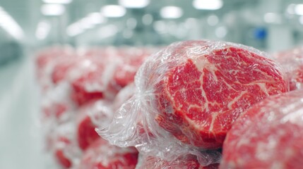Fresh cut beef displayed in a meat processing facility with modern lighting