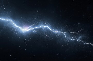 Powerful electric lightning bolt illuminating the dark night sky with a brilliant blue white flash