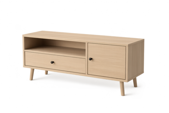 Light wood TV stand isolated on transparent background, modern design, clean lines