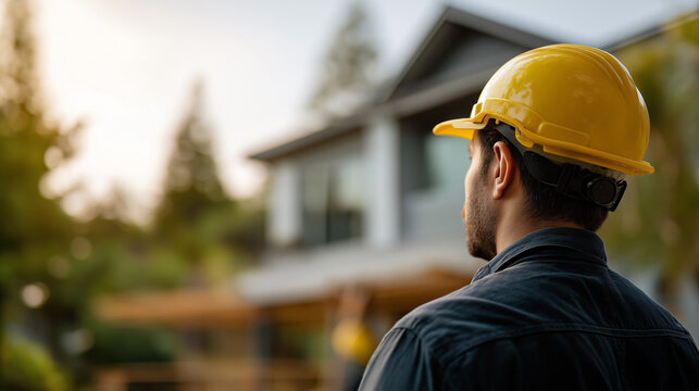 Faceless happy construction worker wearing yellow hardhat helmet defocused residential home background house renovation project builder contractor concept residential construct