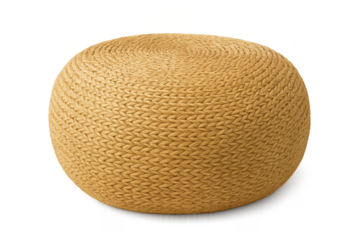 Knitted pouf isolated on transparent background, cozy home decor element, beige