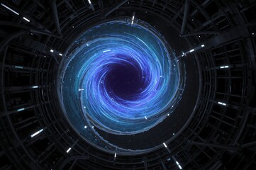 Vibrant blue energy vortex portal with swirling light and dark cosmic background
