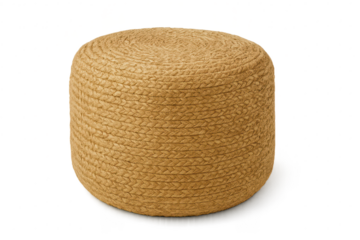 Woven pouf isolated on transparent background, cylindrical shape, detailed texture