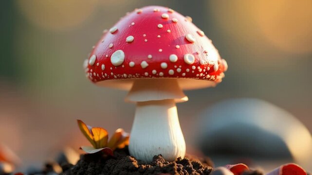 Video A single red and white mushroom sits atop a pile of dirt, a simple yet striking 