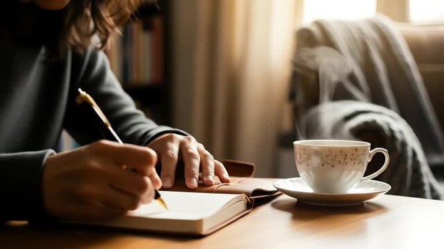 Woman writing in journal with steaming coffee cup in cozy home setting journaling notebook