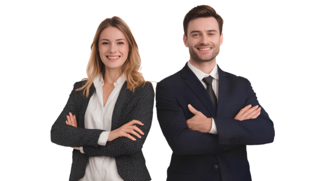 Confident business team posing with crossed arms professional partners standing in suits smiling at camera