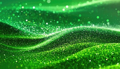 Abstract Green Glittering Waves with Soft Bokeh Lights and Sparkles.