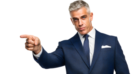 Confident mature businessman pointing forward with gray hair wearing suit and tie against gray backdrop