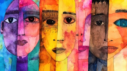 Obraz premium Colorful faces in abstract art representing diversity and emotions