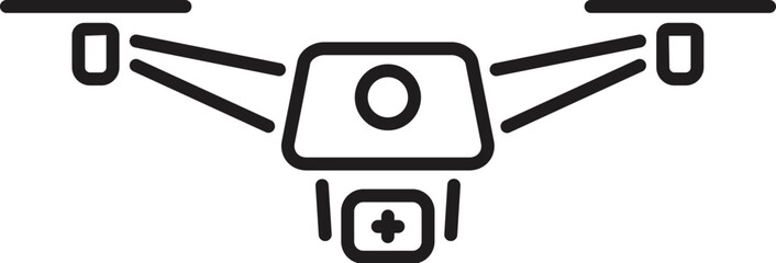 Line drawing of a medical drone carrying a first aid kit, representing quick and efficient healthcare delivery in remote areas