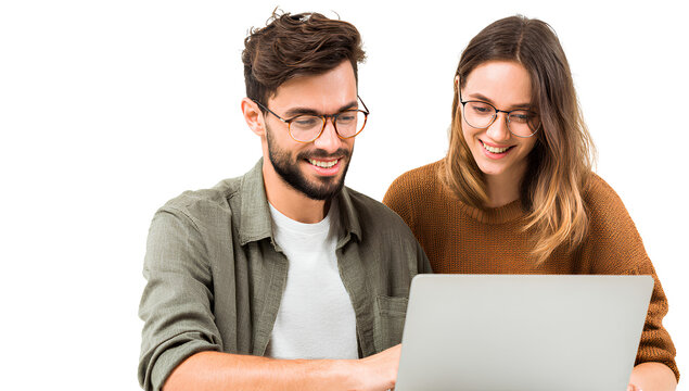 Couple looking at laptop with smiling faces against transparent checked background cutout image