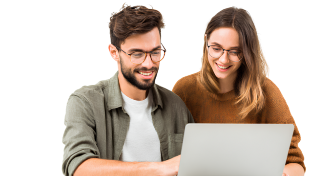 Couple looking at laptop with smiling faces against transparent checked background cutout image - Powered by Adobe