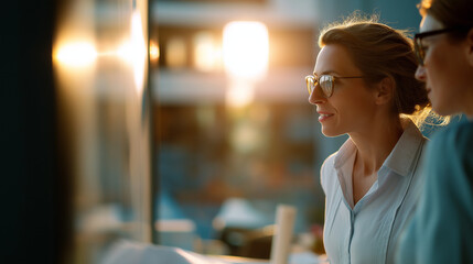 Two faceless female architects discussing interior design project defocused architectural blueprint background building project planning collaboration divider compass tool use