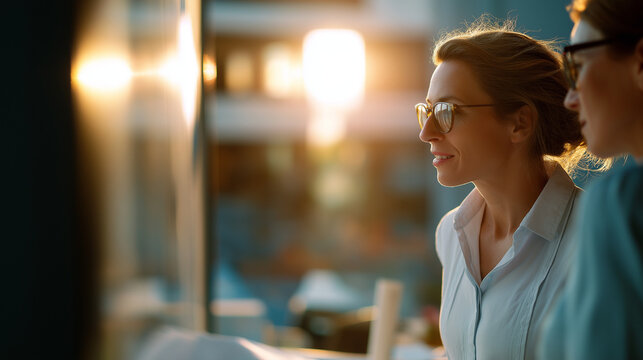 Two faceless female architects discussing interior design project defocused architectural blueprint background building project planning collaboration divider compass tool use