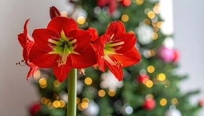 Vibrant red amaryllis flowers bloom beautifully in front of a decorated Christmas tree with glowing lights.