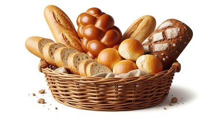 Delicious assortment of freshly baked bread in wicker basket, perfect for bakery promotions or food blog content, showcasing artisanal baking and culinary delights
