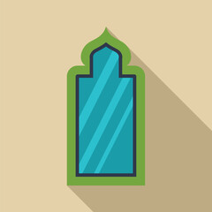 Closed teal window with green frame and typical islamic arch casting a long shadow on a beige wall