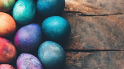 Vibrant colored eggs arranged on rustic wooden surface for spring celebration
