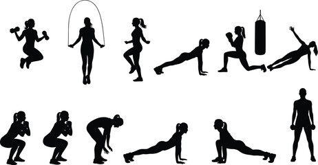 Fitness exercise silhouettes, workout poses, gym training, strength moves, bodyweight exercises, dumbbell routines, cardio drills, black vector icons, healthy lifestyle