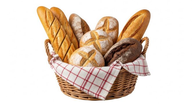 Artisan bread selection in rustic basket showcasing fresh baked goods for bakery marketing or healthy eating promotions with delicious European-style loaves