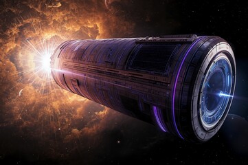 Futuristic spacecraft engine emitting powerful blue light amidst cosmic nebula and stars