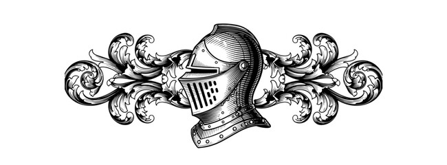 Rendered in a detailed engraving style, this illustration features a medieval knight's helmet in profile, majestically flanked by elaborate, symmetrical swirls of decorative acanthus leaf filigree