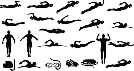 Collection of swimmer silhouettes showing various swimming strokes, training positions, and swimming equipment icons in dynamic motion on a white background