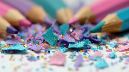 Colorful shavings and pencils on a white surface create a vibrant scene