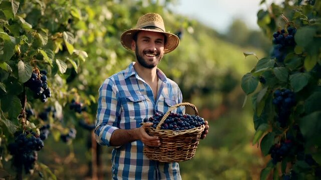 A man in a straw hat and checkered shirt holds a basket of blueberries in a vineyard setting.