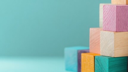 Colorful wooden blocks stacked against a blue background for play and creativity