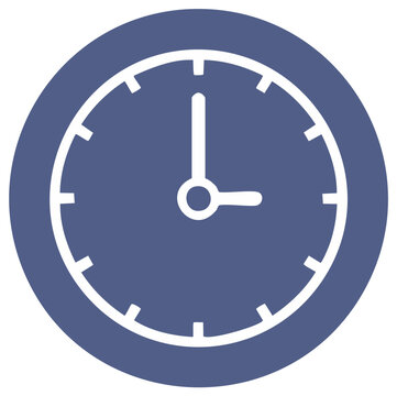 Simple clock face graphic with white hands indicating 3 o'clock against a blue circle background