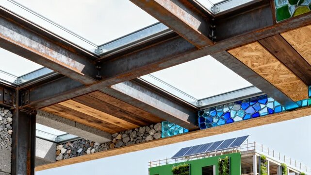 Medium shot of a hybrid composite framework blending steel and recycled materials illustrating innovative environmental solutions in structural engineering.