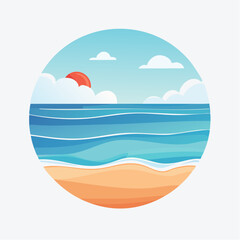 Ocean Waves Lap Sandy Beach Under A Bright Sun With Fluffy Clouds In A Circular Frame