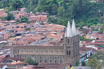 Aerial view of the neo-gothic Basilica of the Immaculate Conception in Jard&iacute;n, Colombia