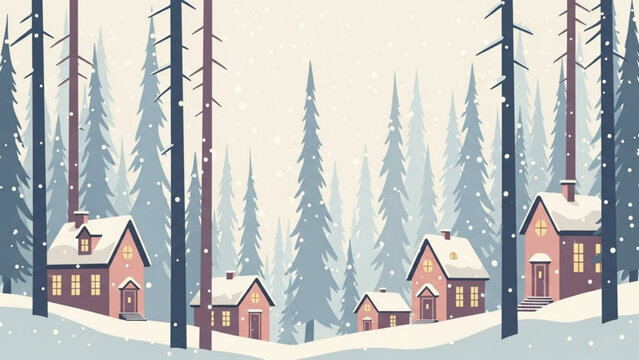 Winter wonderland landscape scene with snow covered houses and pine trees vector illustration art