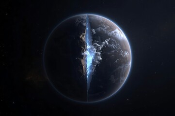 Futuristic earth illuminated by a powerful blue energy beam splitting the planet s surface