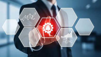 Businessman interacting with digital interface displaying technology icons representing innovation connectivity and modern business solutions in a futuristic environment