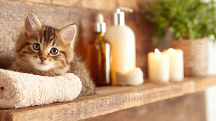 Cute kitten resting on a towel among spa products in cozy setting