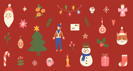 Merry Christmas and Happy New Year hand drawn illustration. Holiday set with Santa Claus, gingerbread, snowman, xmas tree, gifts. Retro celebration. Festive winter cartoon sticker.Vector