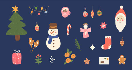 Merry Christmas hand drawn illustration. Happy New Year cartoon sticker. Holiday set with Santa Claus, gingerbread, snowman, xmas tree, gifts. Retro celebration. Festive winter. Vector