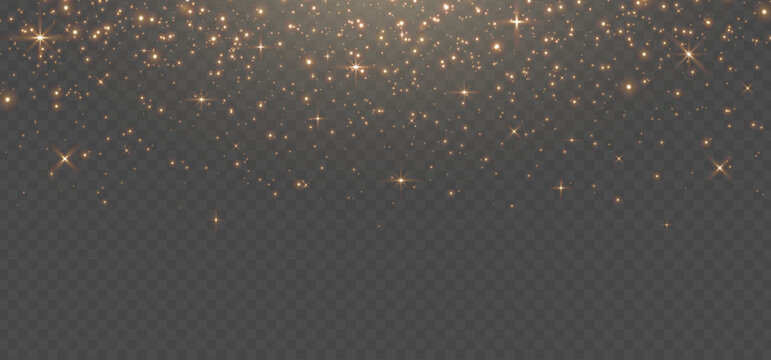 Gold glitter light banner. Magic dust background. Star particle bg. Christmas Holiday golden confetti. Fairy bulb. Glow shine bokeh. Winter Celebration frame. Luxury party. Vector illustration