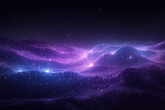 Vibrant cosmic nebula with swirling purple and blue hues illuminated by distant stars