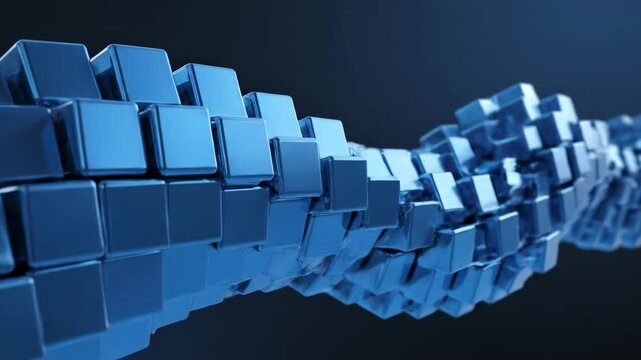 Dynamic abstract blue geometric pattern background of interlocking 3D cubes smoothly morphing and flowing across the screen clean, shape, backdrop